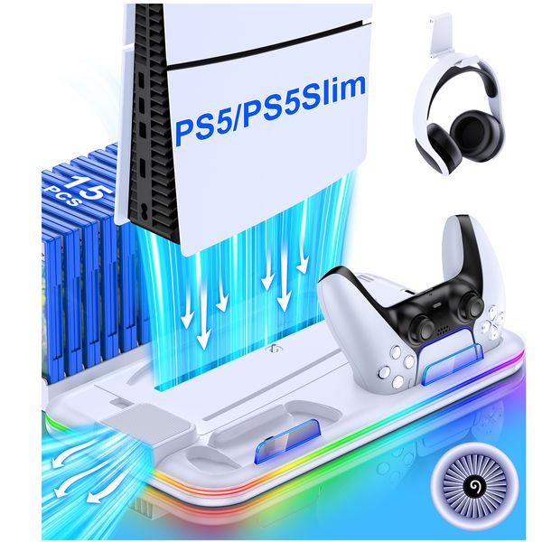 PS5 Stand Cooling Fan For PS5 Slim/PS5 Disc&Digital Controller Charger Station