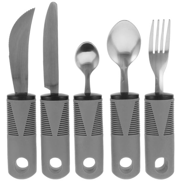 5 Teiliges Adaptive Utensilien,Adaptive Utensilien für Handzittern,Behinderten Besteck,Adaptive Utensilien für ältere Parkinson-Patienten,Leicht zu halten Edelstahl adaptive Löffel Gabel Kit (Grau)