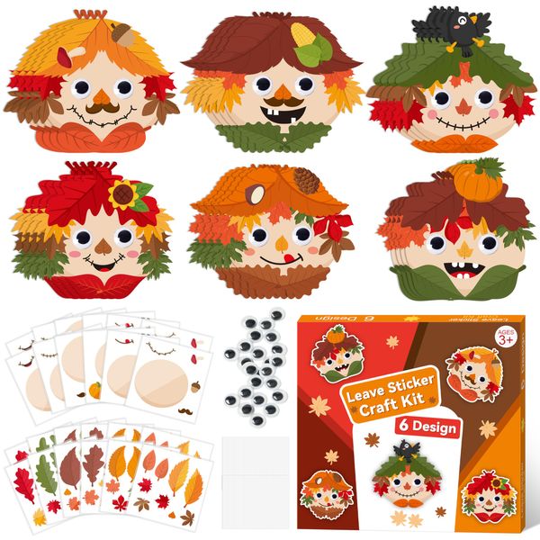 WATINC Fall Leave Scarecrow Sticker Art Craft - Autumn Scarecrows Head DIY Craft Kit, Maple Leaves Pumpkins Thanksgiving Party Preschool Classroom Activity Favors Supplies for Kids Teens (12Pcs)