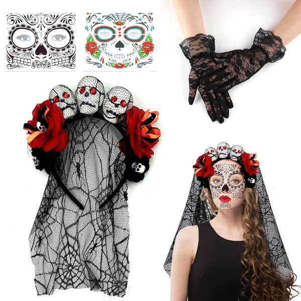 Shinybox Copricapo per Halloween con Velo Morto, Velo per Halloween con 2 Tatuaggi Facciali, Halloween Costume Accessori per Capelli per la Festa In Costume Cosplay