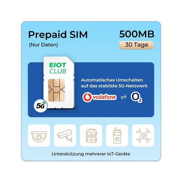 EIOTCLUB Prepaid SIM Karte für 5G/4G LTE-Überwachungskamera, Wildkamera, WiFi Router, Unterstützt Vodafone, O2-Netzwerk, SIM-Karte Nur Daten, Ohne Vertrag, Ohne Registrierung