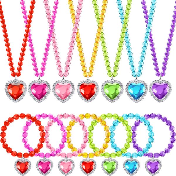 7 Sets Girl Dress up Jewelry Toddler Jewelry Princess Bracelet Necklaces Kids Costume Jewelry Set for Girl Tea Costume Party (Heart Pendant)