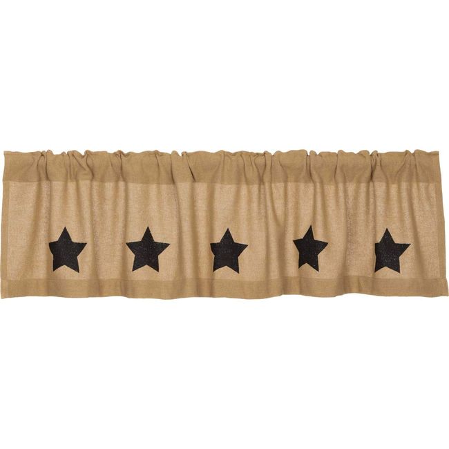 VHC Brands Burlap Natural with Black Stars Primitive 16"x72" Valance Tan Rod Pocket Stenciled Cotton Kitchen Window Curtains