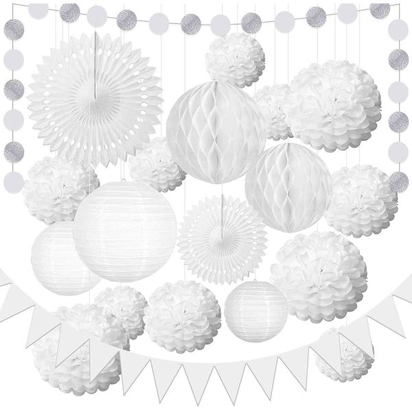 Yolrky Paper Fans Garland, Flower Pom Poms, Party Decoration, Birthday, Wedding, Anniversary, Event Decoration