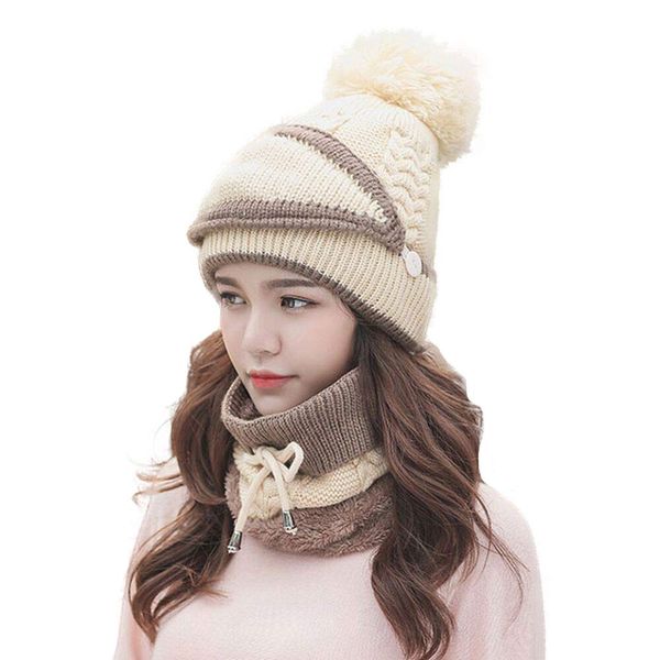 Limakara Women's Knit Hat, Autumn & Winter, Pom Pom, Cold Protection, Small Face Effect, Cute, Large Size, Hand Knitted, Stylish, Solid, Thick, Fleece Lined, Skiing, Snowboarding, Golf, Work, School, Christmas, Gift, One Size Fits Most, 3-piece set (beige