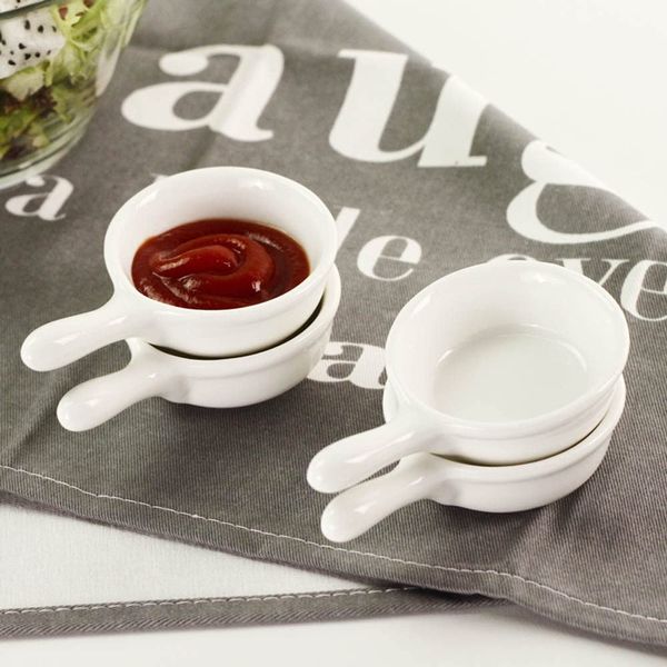 6 Pcs Ceramic Sauce Dishes Mini Bowl Set Ketchup Side Dish Tableware Condiment Relish Plate Seasoning Soy Sauce Dishes Stackable Ramekins with Grip Handle, White