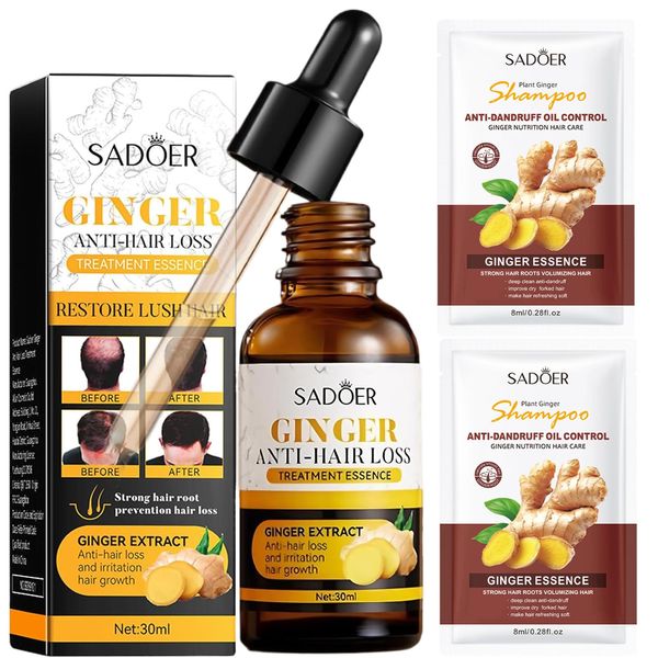 Sadoer Ginger Anti-Hair Loss Oil and Shampoo, Sadoer Ginger Hair Growth Serum + Shampoo, Sadoer Ginger Extract Anti-Hair Loss Treatment Essence Set for Thicker, Stronger, Longer Hair Men & Women (1)