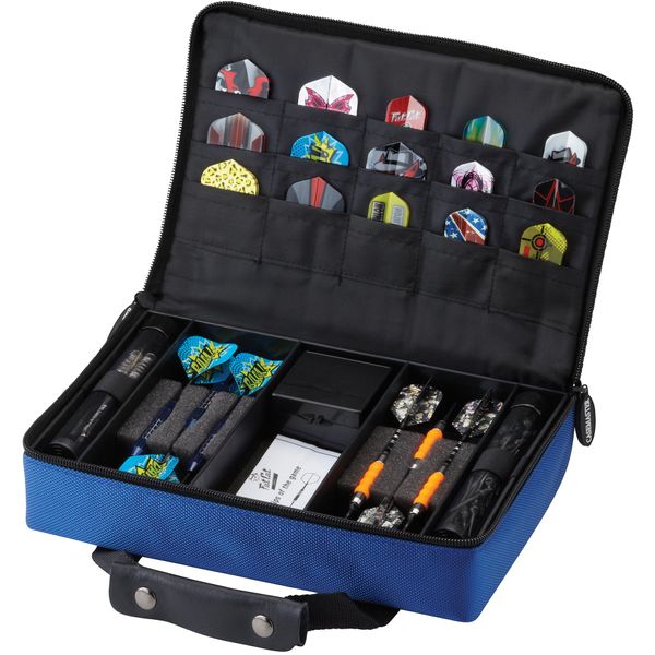 Casemaster by GLD Products Classic Nylon Dart Carrying Case for Steel and Soft Tip Darts, Holds 12 Darts Numerous Other Accessories via Generous Storage Pockets, Tubes and Boxes, Blue, 1