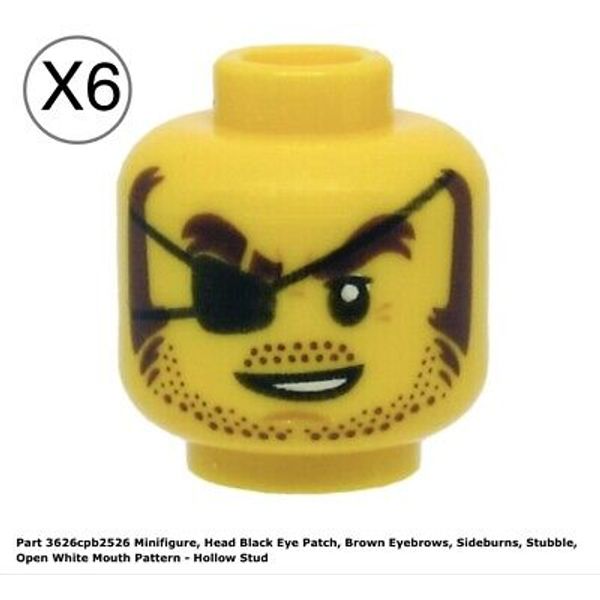 Lego 6 Yellow Head With Black Eye Patch,Brown Eyebrows,Sideburns,Stubble Pattern