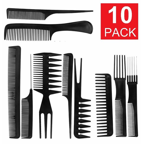 10Pcs Black Pro Salon Hair Styling Hairdressing Plastic Barbers Brush Combs Set