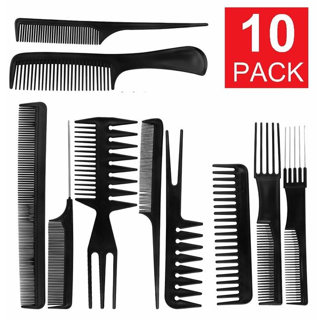 10Pcs Black Pro Salon Hair Styling Hairdressing Plastic Barbers Brush Combs Set