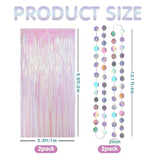 2 Pack Iridescent Party Streamers Tinsel Curtain Party Backdrop Foil Fringe Curtain with 2 Pack Garlands for Pink Princess Bachelorette Euphoria Theme Decorations