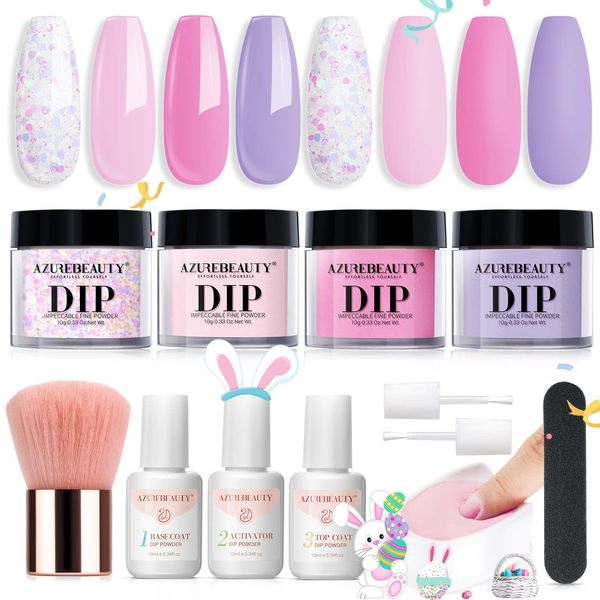 AZUREBEAUTY Dip Powder Nail Kit Starter, Pastel Lavender Pink Glitter, 4 Colors Spring Summer Dipping Powder Set, Y2K Easter Style French Nail Art Base Top Activator Liquid Manicure DIY Salon 12 PCS