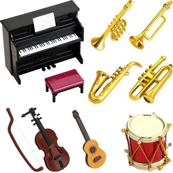 Dollhouse Miniature Musical Instrument Set in 1:12 Scale, Mini Dollhouse Musical Instrument Model Includes Violin Piano Trumpet Saxophone Electric Guitar, Model Accessory for Dollhouse Mini Music Room