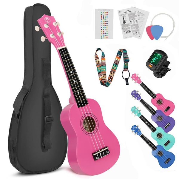 MUSTAR Soprano Ukulele Kids Ukulele for Beginners - 21 Inch Small Guitar Ukulele for Kids Toddlers Birthday Holiday, Gig Bag, Digital Tuner, Strap, Picks All in One Kit (Pink, MU-401)