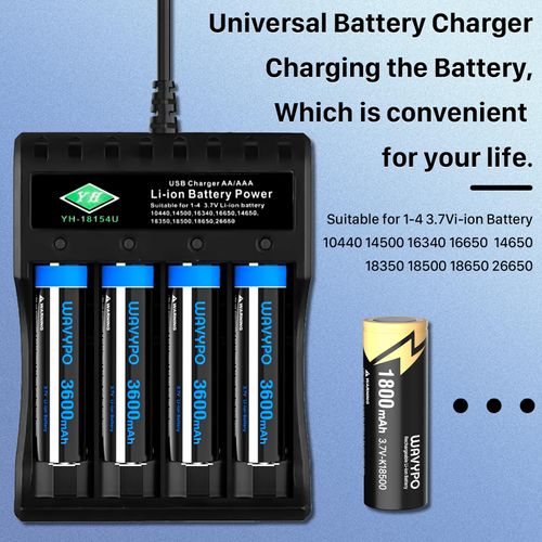 WAVYPO 18650 Battery Charger, 4-Bay Universal Smart Charger for Lithium ion Battery 10440 14500 16340 16650 14650 18350 18500 AA AAA (4 Bay)