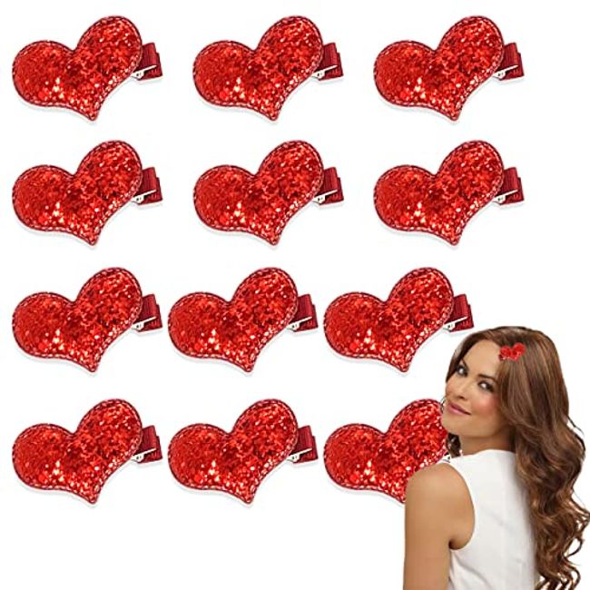 12 Valentine's Day Pieces Sequin Heart Hair Clip for Girls Birthday Party Wedding Christmas Hair Valentine's Day Accessories (Red)