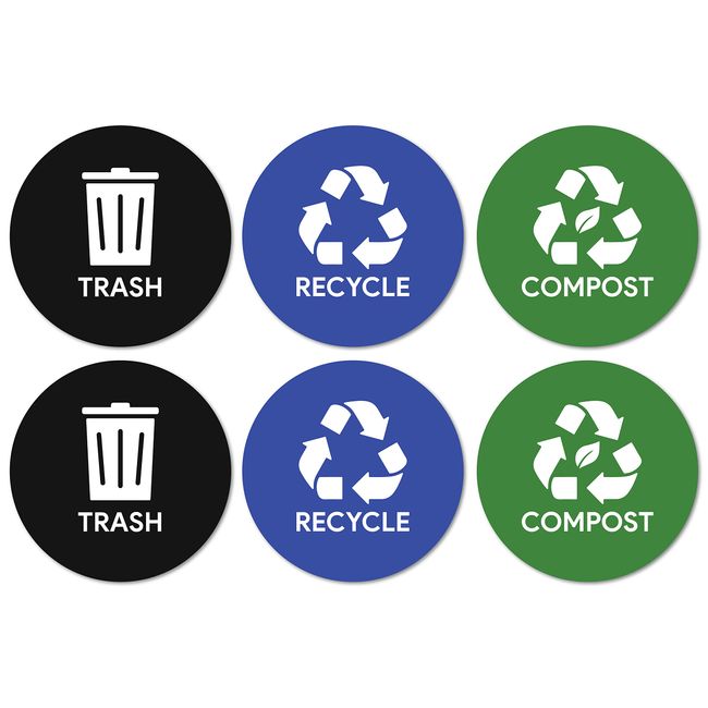 Sutter Signs Trash Compost Recycle Stickers for Trash Can 6pc Combo Set | Weatherproof Waste Management Decal Label Signs for Garbage Cans and Recycling Bins