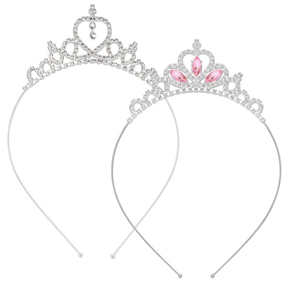 2PCS Silver Crystal Tiara Princess Crowns for Girls Metal Sparkly Hair Hoop Glitter Heart Rhinestone Crown Headbands Tiaras Clasps Accessories for Women Wedding Brides Birthday Party Christmas Gifts