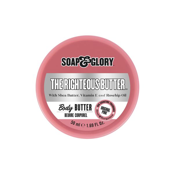 Soap & Glory The Righteous Moisturizing Body Butter - Hydrating Vegan Body Moisturizer for Dry Skin with Shea Butter, Vitamin E & Rosehip Seed Oil - Rich Cream for Women & Men (50ml)