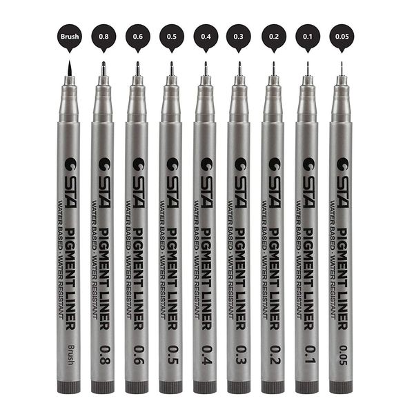 Kesote Illustration Pen, Drawing Pen, Set of 9, Cartoon Pen, Millimeter Pen, Sign Pen, Wire Diameter 0.05 to 0.04 inch (0.05 to 1.0 mm), Black with Case