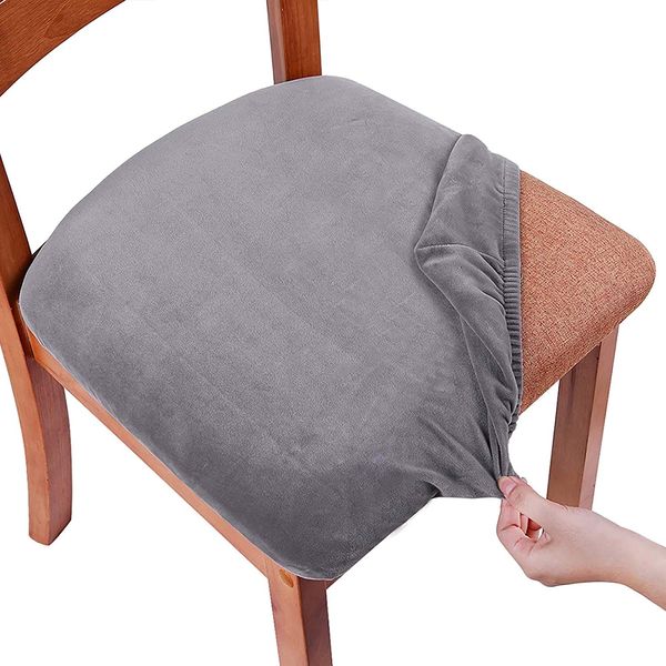 smiry Stretch Chair Seat Covers for Dining Room, Velvet Dining Chair Seat Protectors Chair Slipcovers, Set of 6, Dark Grey