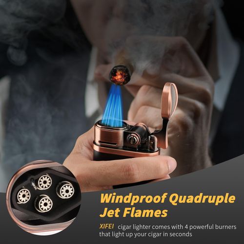XIFEI Cigar Lighter 4 Jet Flame Torch Lighter with Cigar Holder, Windproof Rocker Arm Lighter Adjustable Flame, Refillable Butane Lighter Smoking Lighters Gift for Men