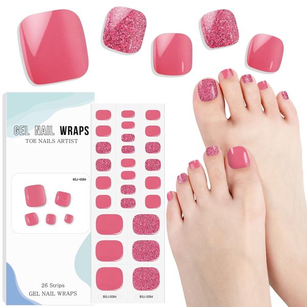 EBANKU Gel Toe Nail Stickers Cured Gel Nail Strips for Toes Gel Toenail Strips Nail Art Wraps Long-Lasting Toe Gel Nail Polish Wraps Gel Nail Art Stickers for Toes UV/LED Lamp Required (Shiny Pink)