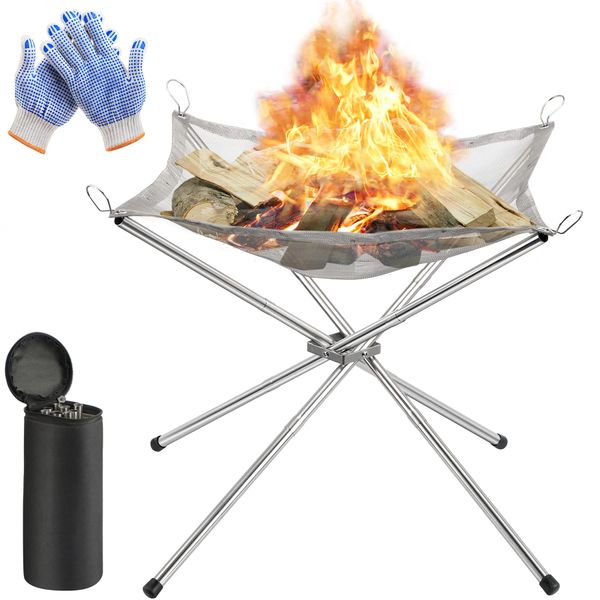 Portable Fire Pit for Camping, Outdoor Folding Firepit Fireplace with Heat Resistant Gloves & Carrying Bag, Stainless Steel Mesh BBQ Fire Bowl for Picnics, Bonfire, Patio, Backyard and Garden