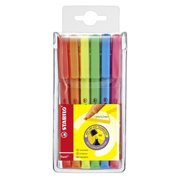 Highlighter - STABILO flash - Pack of 6 - Assorted Colours