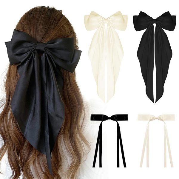 2PCS Big Bow Hair Clip, Soft Silky Satin Hair Bows, Bow Hair Clip with Long Tail, Metal Spring Clip Hair Bow, Solid Color Hair Bows with 2 Small Bow Hair Clip for Women Girl, Black, White