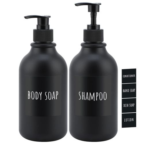 Segbeauty Matte Black Shampoo Dispenser, 2pcs 16.9oz Empty Refillable Pump Bottle with Labels, 500ml Plastic Press Lotion Dispenser Bathroom Shower Containers for Conditioner Body Soap Hand Soap