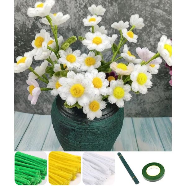 YOOTOM 300PCS DIY Crafts Pipe Cleaner Flower Kits for Little Daisies Making, Chenille Stems Daisy Flower Creation, 18 Artificial Daisies Bouquets for Party Wedding Home Decor