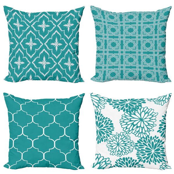 Ambesonne Vintage Throw Pillow Cushion Case Pack of 4, Monochrome Design Grid Trellis Quatrefoil Mesh and Dahlia Flowers Modern Print, Modern Accent Double-Sided Digital Printing, 18", Teal and White