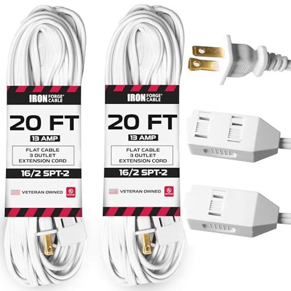 20 Ft White Extension Cord 2 Pack - 16/2 Durable Electrical Cable