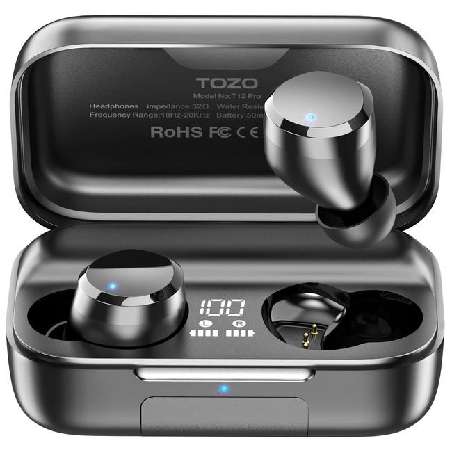 TOZO T12 Pro Wireless Earbuds Bluetooth Headphones with Qualcomm QCC3040 4 Mics CVC 8.0 Call Noise Cancelling and aptX Stereo Headset 2500mAh Wireless Charging Case IPX8 Waterproof Earphones Black