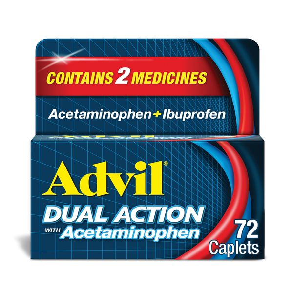 Advil Dual Action Coated Caplets with Acetaminophen, 250 Mg Ibuprofen and 500 Mg Acetaminophen Per Dose (2 Dose Equivalent) for 8 Hour Pain Relief - 72 Count