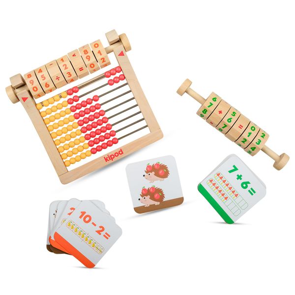 kipod Math & Roll Game Includes Wooden Abacus, Number Wheel and Playing Cards- Early Learning Logic, Addition, Subtraction, Multiplication and Division- Montessori Toy for Kids 4+