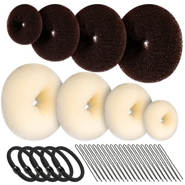 FANDAMEI 8pcs Hair Donut Bun - Dark Brown & Beige Donut Bun Maker, 5pcs Hair Bands, 20 pcs Hair Pins