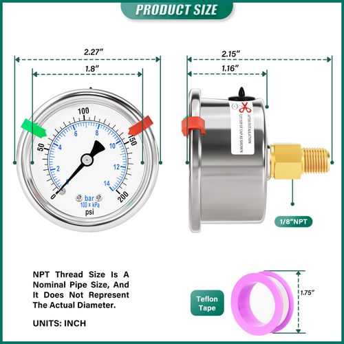 BOGERDACK 0-200Psi Stainless Steel Dry Low Pressure Gauge 1/8" NPT 2" Dual Scale Dial, Back Mount, Waterproof for Water Oil Air Well pump, compressors, Tire Gas Pressure Test (with Range Mark Pointer)