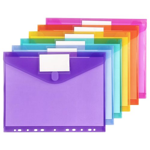 6 Pack Binder Pocket Organizer Folders, 11 Holes, Letter Size, Poly Binder Pocket with Velcro Closure for School Supplies, Colorful