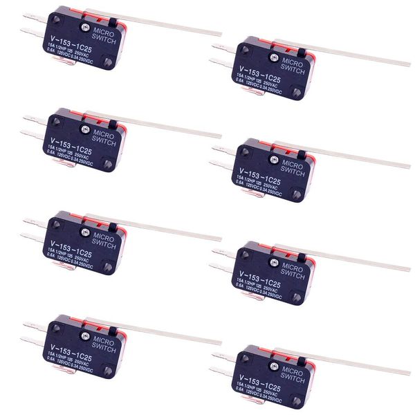 CESFONJER 8 PCS V-153-1C25 Micro Limit Switch Long Hinge Roller Momentary Cherry Push Button SPDT Snap Action, Ideal for Appliances, Electronics