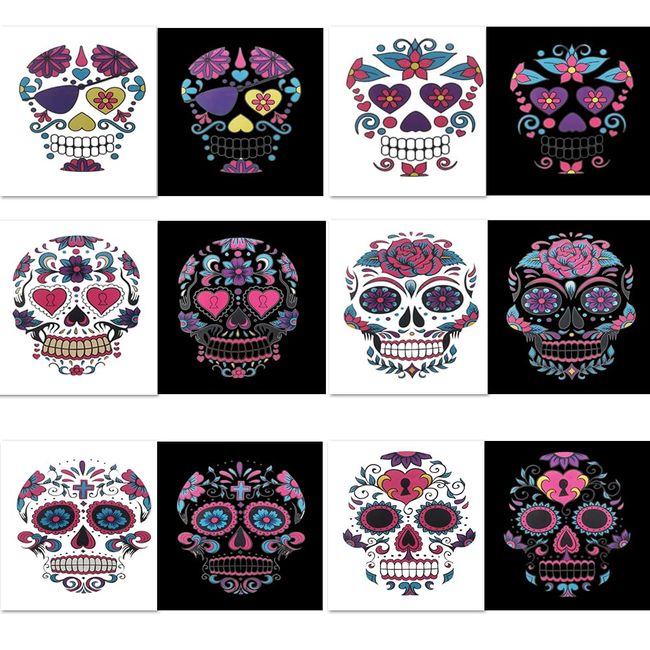 Day of the Dead Face Temporary Tattoos,6 Sheets Glow in The Dark Sugar Skull Halloween Face Tattoo Stickers Mexican Fiesta Fake Luminous Tattoo Sticker,for Halloween Cinco De Mayo Party Face Decor