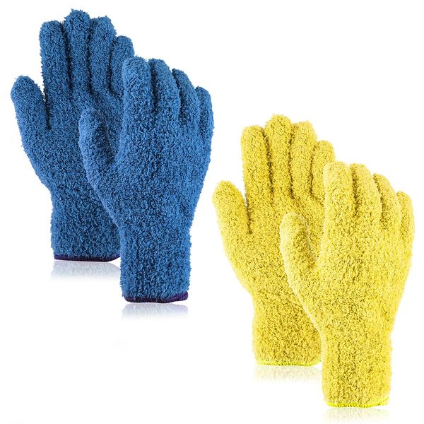 Sibba 4x Microfiber Dusting Cleaning Gloves Mittens Washable Reusable House Cleaning Kitchen Dust Removal Mitts Blinds Mirrors Furniture Garden Car Hard to Reach Corners Gap (Dark Blue & Yellow)