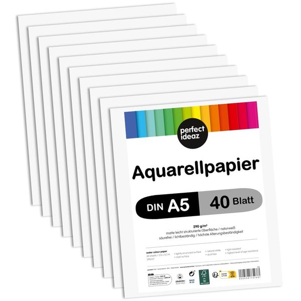 perfect ideaz • 40 Blatt Aquarellpapier DIN-A5, 290 g/m², Watercolor Paper säurefrei, Aquarell-Karton FSC® zertifiziert