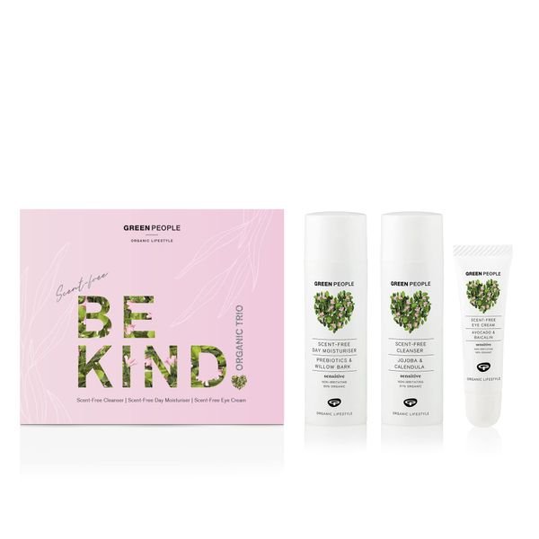 GREEN PEOPLE Parfümfrei Be Kind Natur u. Bio Geschenkset-Trio f. empfindliche Haut, pur u. unparfümiert: Reinigung, Moisturizer u. Augencreme, paraben- u. äthanolfrei, tierleidfrei u. vegan, in Weiß