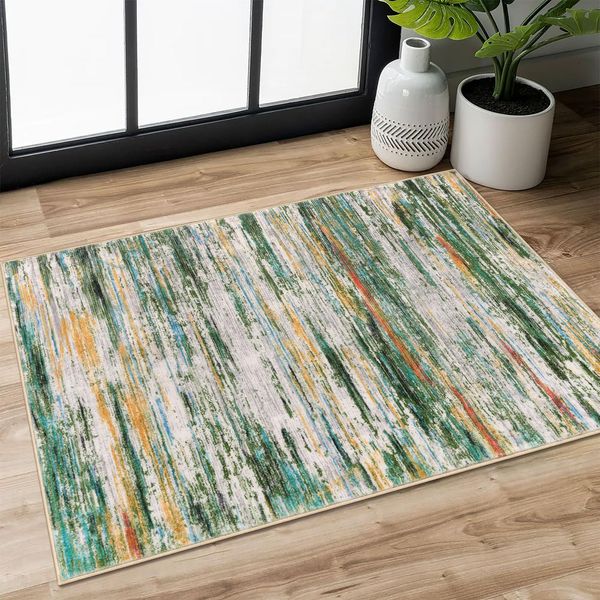 Siiloom 2x3 Green Teal Orange Multi Modern Abstract Rug for Entryway, Super Soft Small Washable Area Rug, Non-Slip Kitchen Rugs, Low-Pile Mat for Kitchen, Bedside, Foyer, Indoor Door Mat