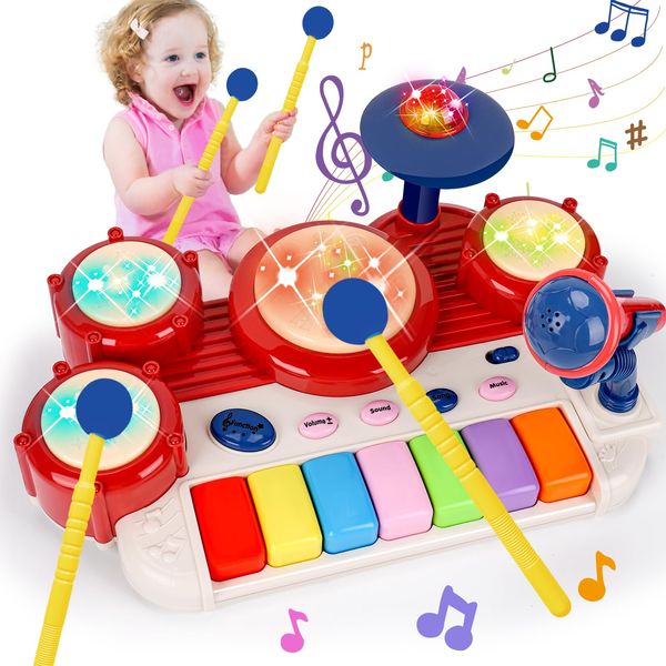 Basytodio Musical Toys for Toddlers 1-3 Piano Keyboard & Drum Set, Kids Music Instruments Toddler Toys Age 1-2 Baby Sensory Toys 12 18 Months Birthday Valentines Gifts for 1 2 3 4 Year Old Girls Boys