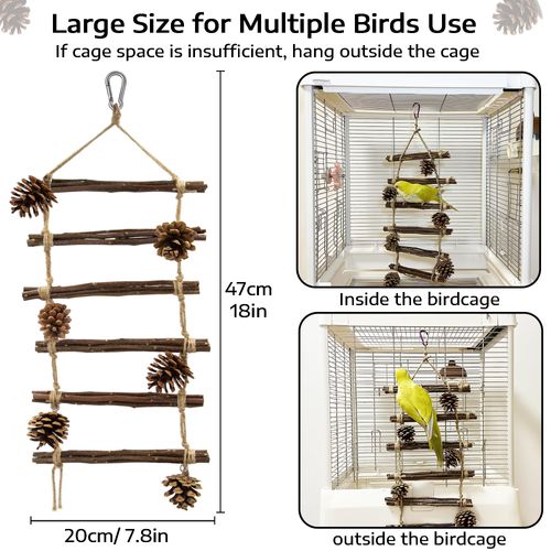 Jevnd Multi-Level Bird Ladder for Cage with Pinecone Chew Toys, Large Wooden Parrot Toys Ladder for Multiple Birds Climbing, Chewing, and Playing, Natural Hardwood Perch for Cockatiels and Parakeets
