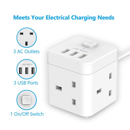 JSVER Cube Extension Lead with USB, 3 Way Power Strip with 3 USB Ports (5V/2.4A) Extension Socket with USB Charging Slots with Switch 2M Cable for Home, Office, Hotel, Travel -White